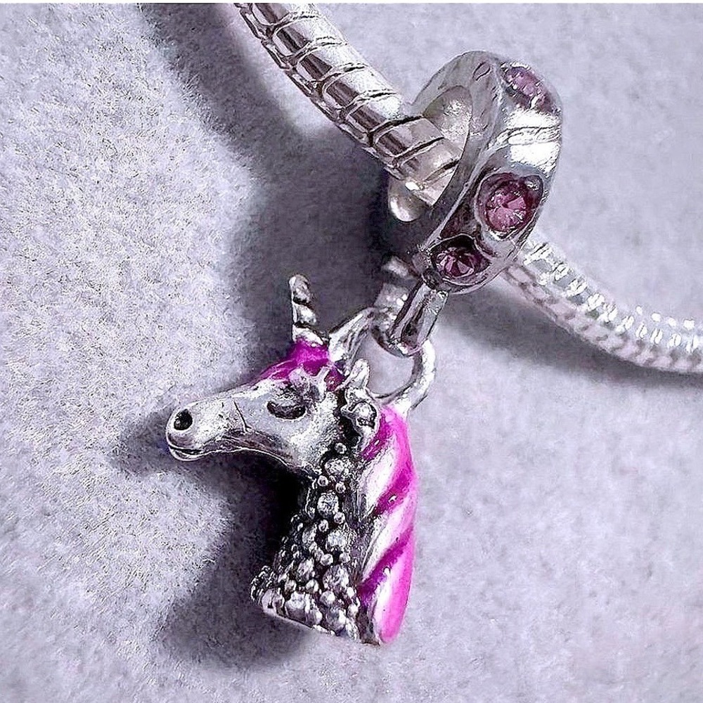Silver Tone Unicorn Charm Pink Dangle Charm fits PANDORA